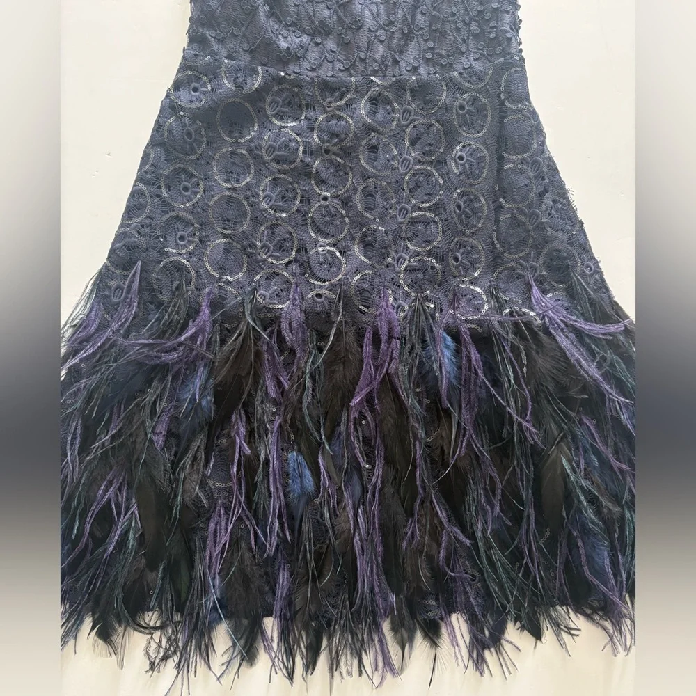 Elie Tahari Annabelle Feather-Trimmed Embellished Gauze Dress Navy Blue 0 - Picture 5 of 9